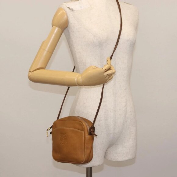 LOEWE Anagram Shoulder Bag Leather Beige Gold Auth